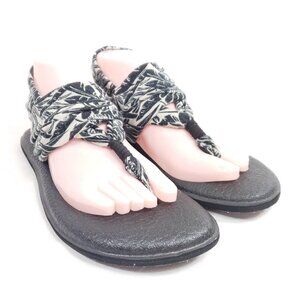 Sanuk Yoga Sling Sandals Women's Size 9 Black/White Floral Fabric